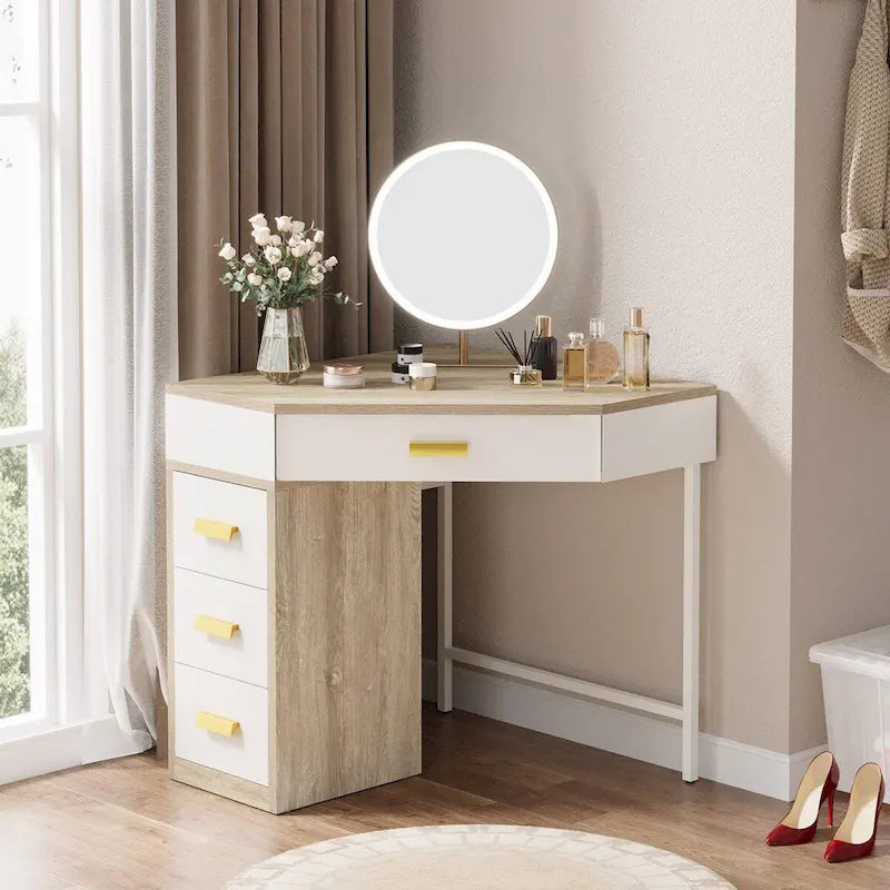 Wood/ Metal Corner Vanity Desk Small Dressing Table with 4 Drawers - N/A
