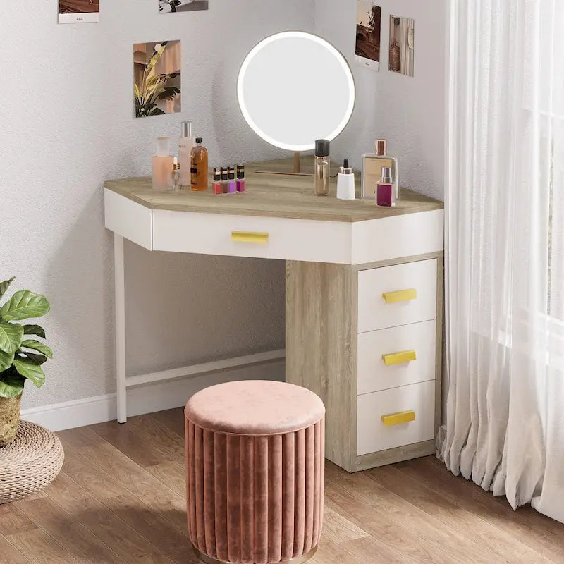 Wood & Metal Corner Vanity Desk – Small Dressing Table with 4 Drawers