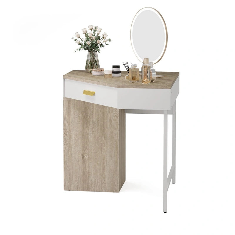 Wood & Metal Corner Vanity Desk – Small Dressing Table with 4 Drawers