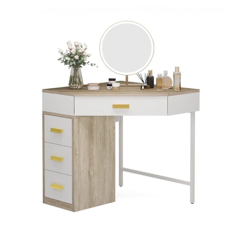 Wood & Metal Corner Vanity Desk – Small Dressing Table with 4 Drawers